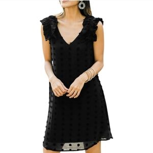 NWT JODIFL Black Sleeveless Tank Swiss Dot Dress Ruffle Shoulder Womens Size L